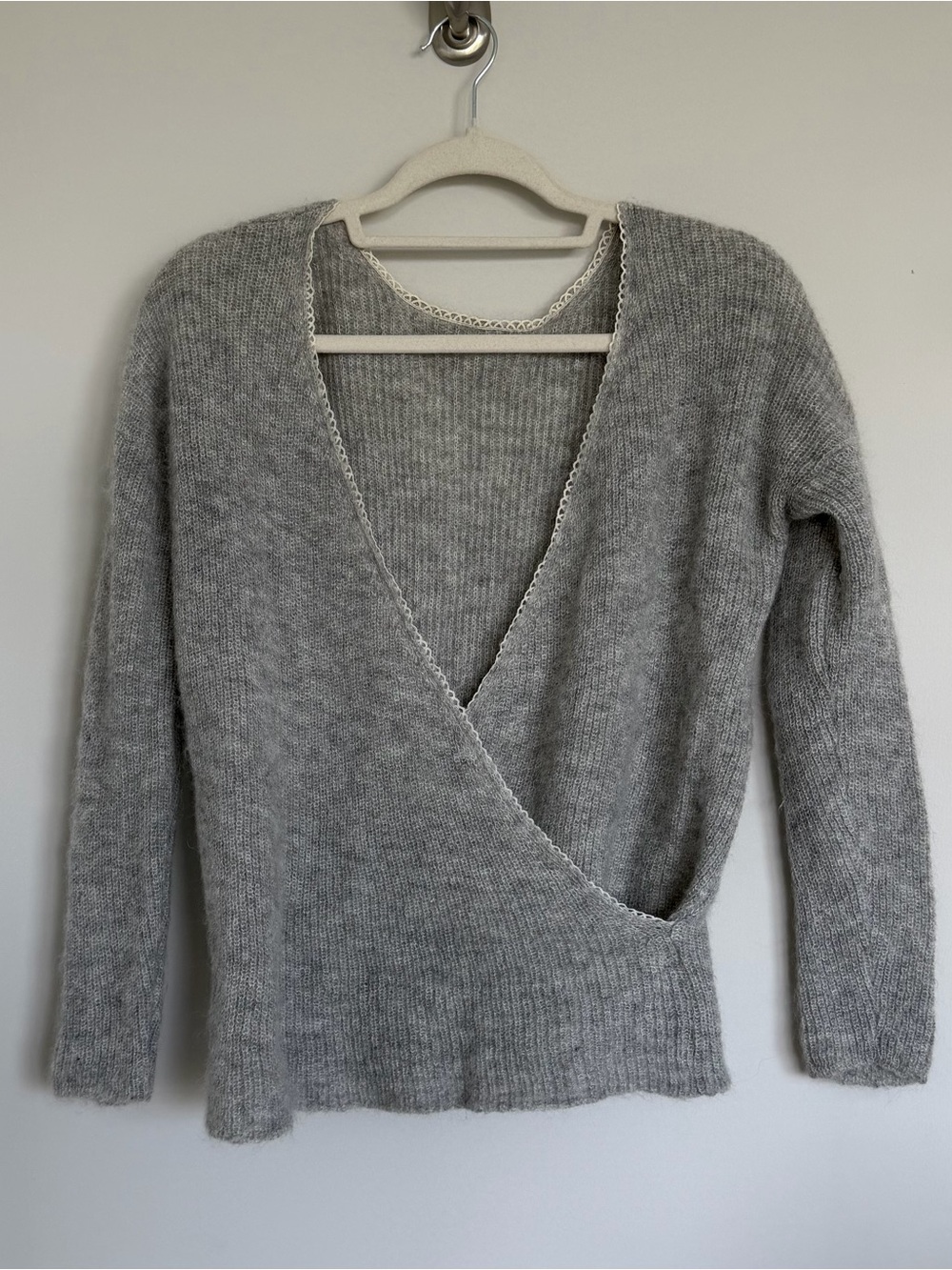 SÉZANE Gray Alpaca Mohair Wrap Sweater with Lace Detail - Size Medium